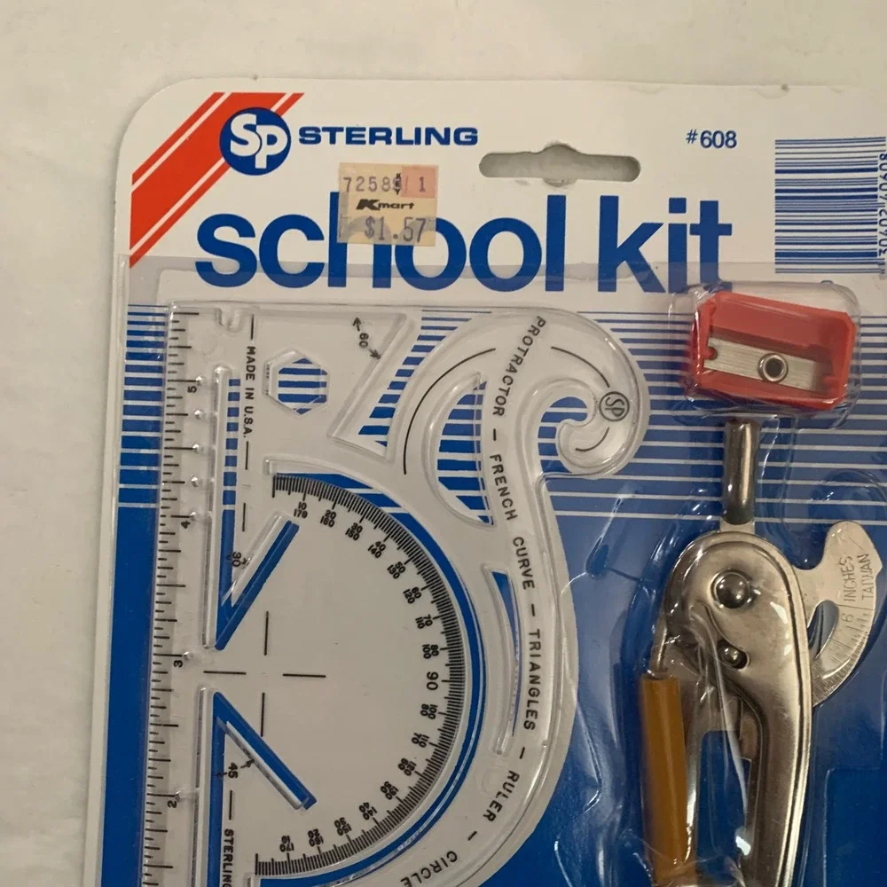 Sterling School‎ Kit 7 in 1 Protractor Metal Compass Sharpener New Vintage NOS